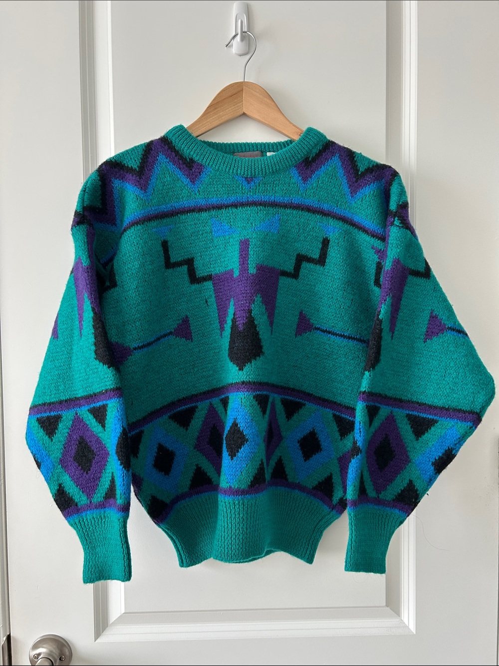 Vintage 90s Wailer Wool Geometric Ski Sweater Teal Purple Abstract Knit M - Picture 3 of 5